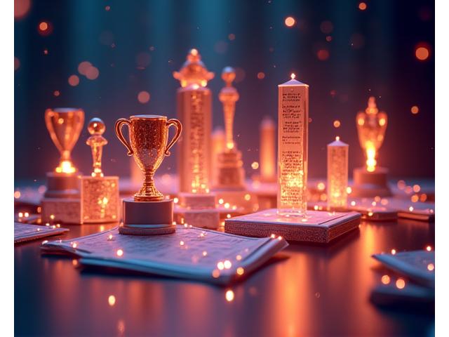 Digital awards and accolades glowing with neon accents, set against a dark background, symbolizing EchoVibe Productions' industry recognition and achievements.