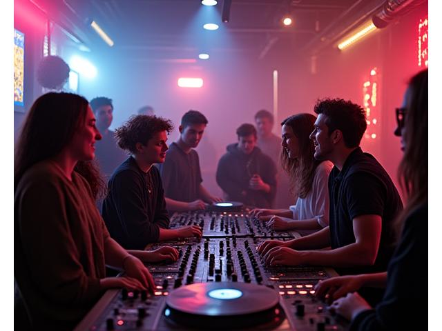 Diverse group of people collaborating on music production and event setup in an industrial-chic community space, with vibrant neon lights and sound equipment, embodying Chicago's electronic music ecosystem.