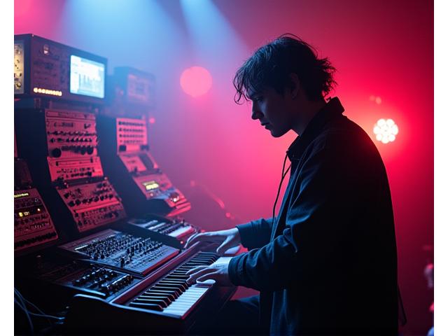 Dynamic shot of AXIOM, a live electronic act performing surrounded by modular synths and light projections.