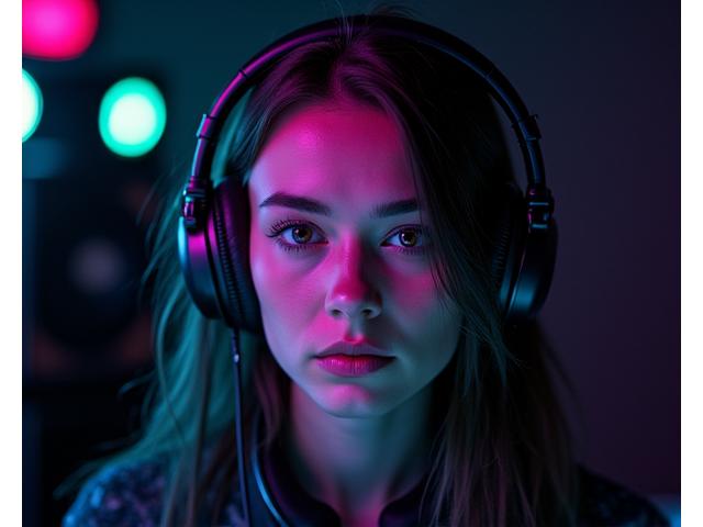 Portrait of DJ Nova, a female techno DJ with headphones, gazing intently.