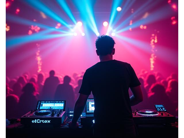 DJ performing at an underground techno event, surrounded by swirling lights and a vibrant crowd. Focus on the DJ with blurred crowd in background.