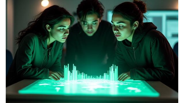 A group of diverse artists and technologists collaborating around a glowing holographic interface, sketching ideas and interacting with abstract visuals.
