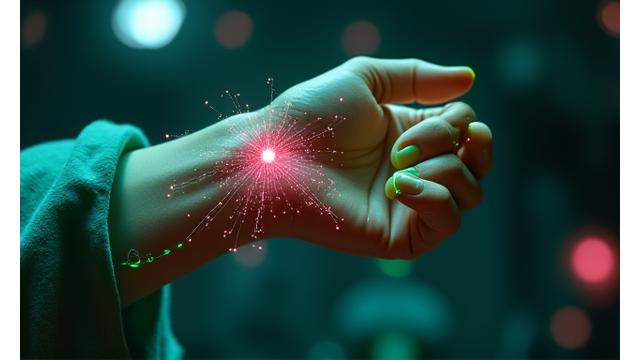 A close-up of a wrist with subtle glowing lines indicating biometric data being transmitted, set against a blurred background of a lively event.