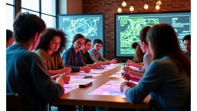 A community workshop setting with young diverse creators working on screens displaying code and abstract visuals, fostering a collaborative learning environment.