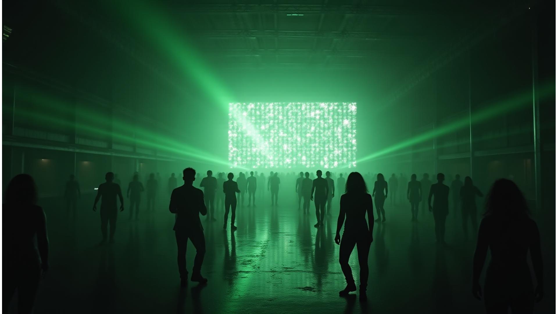 A large, dark warehouse space illuminated by complex, pulsating light patterns and laser beams, with indistinct figures dancing in the foreground, showcasing immersive AV technology