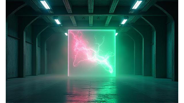 A ghostly, shimmering holographic projection of a dancer or abstract form in a dark warehouse space, surrounded by subtle light effects.
