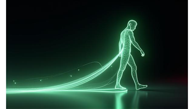 A visual representation of motion tracking technology, with glowing lines following human forms in a dim, futuristic environment.