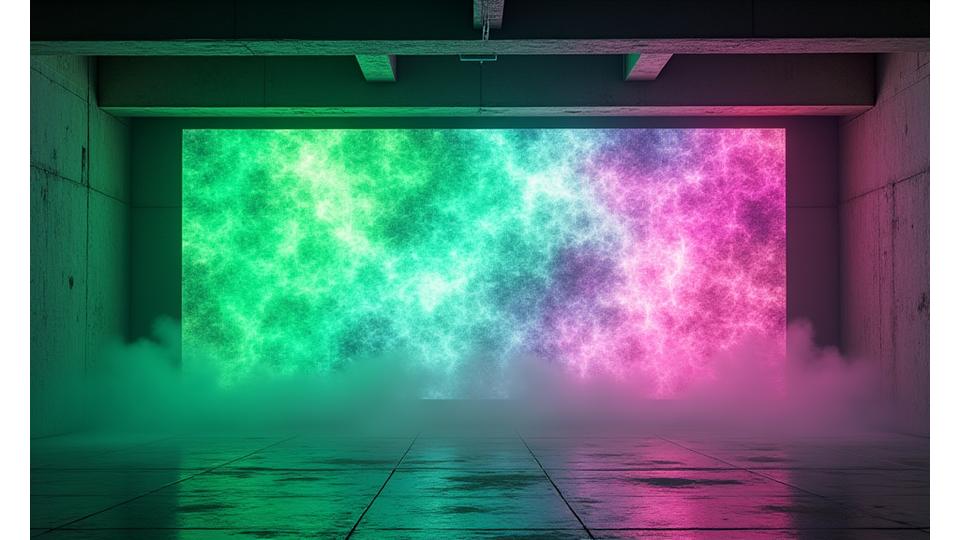 A massive warehouse wall covered in intricate, dynamic projection mapping, displaying geometric patterns and abstract art that warp and move, transforming the industrial space.