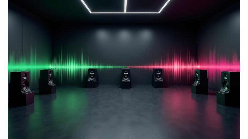 A high-tech sound system with multiple speakers arranged strategically in a dark, atmospheric room, with faint sound waves emanating from them.