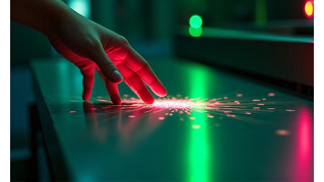 A person's hand interacting with a glowing, touch-responsive surface that radiates light and visuals in response to their touch.