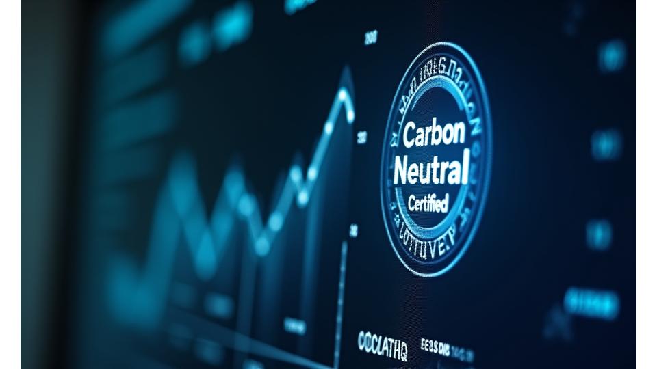 A digital interface displaying a carbon footprint reduction graph and a 'Carbon Neutral Certified' badge, showcasing measurable environmental impact.
