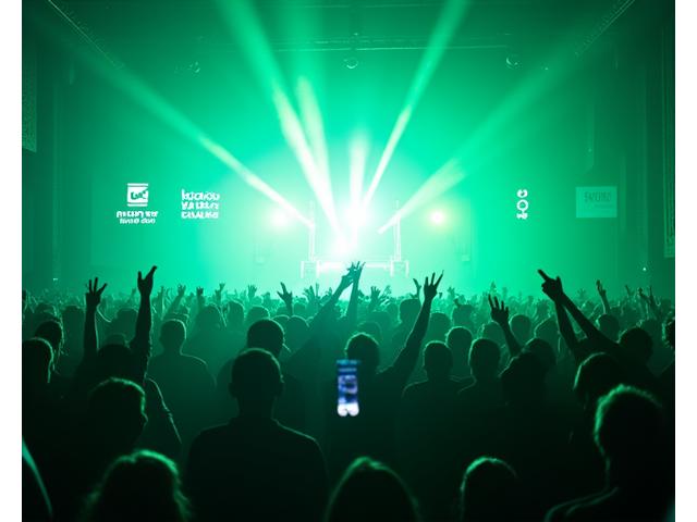 A packed warehouse dancefloor glowing with green neon lights, an 'Earth Day Rave' banner visible, showcasing a zero-waste event.