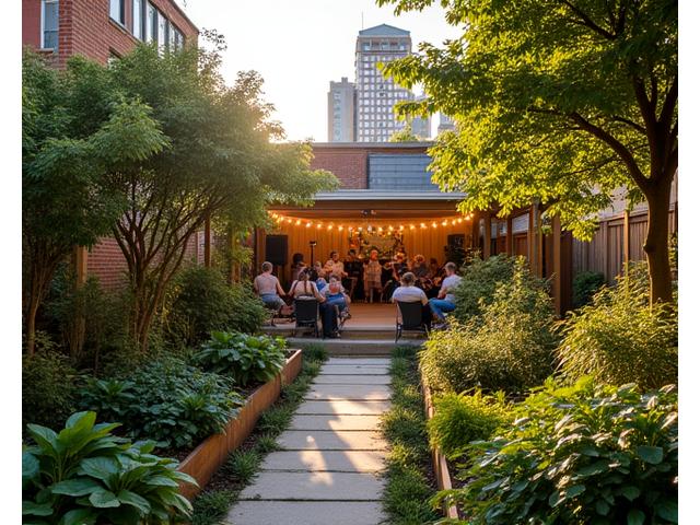 Lush community garden transformed into an event space with sustainable decorations and a small stage, people enjoying the music.