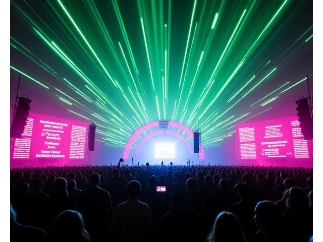 A large music festival crowd under a vibrant, abstract light show, with text overlays indicating 'Carbon Negative' and environmental statistics.