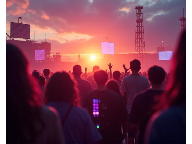 Outdoor techno event at sunset, powered by visible mobile solar panels, with dancers silhouettes.