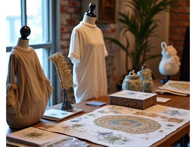Eco-friendly merchandise made by local artists, featuring recycled materials and natural dyes, displayed at an event booth.