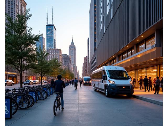 Electric shuttle buses and bike racks outside an event venue, promoting sustainable transportation in Chicago.