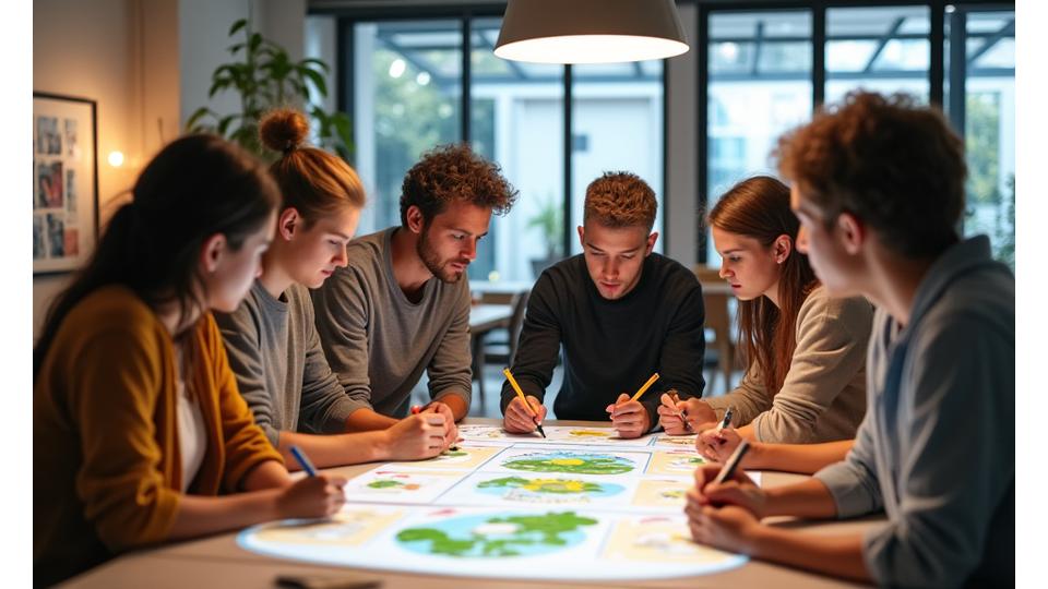 Group of diverse people attending an interactive workshop on sustainable living and event practices, in a modern, well-lit space.