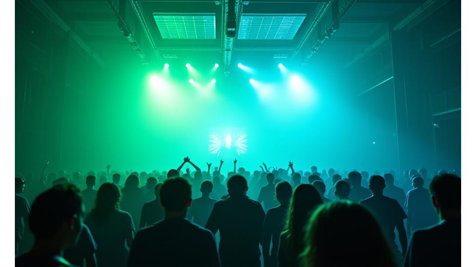 Techno warehouse party powered by renewable energy, vibrant green and blue lights illuminate the crowd and a large solar panel array above, showcasing sustainable event planning.