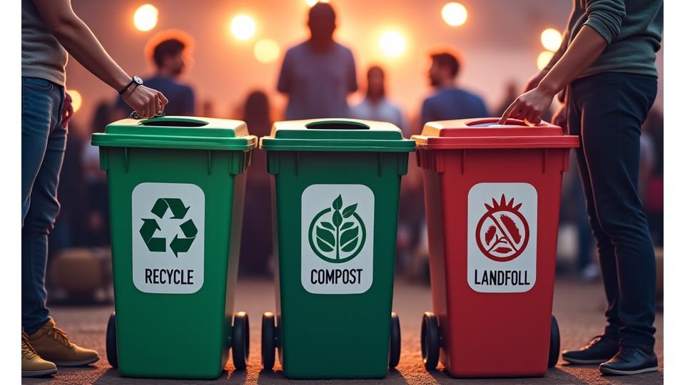 Multiple clearly labeled recycling and composting bins at an event, with people properly disposing of items, showcasing waste reduction.