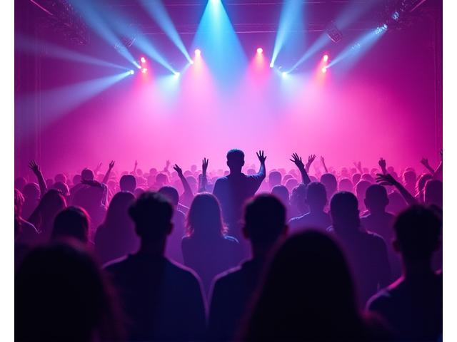 DJ performing in front of a mesmerized crowd at an underground rave, vibrant lights, smoke, and energetic atmosphere