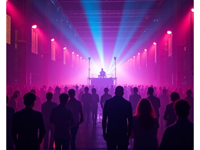 Transformed warehouse interior with professional sound system, vibrant laser lights, and a stage with a DJ, filled with dancing people.