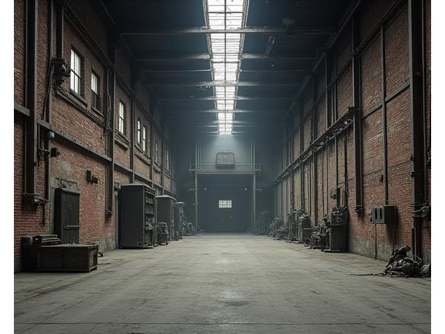 Abandoned, dimly lit warehouse interior with exposed brick and concrete floors.