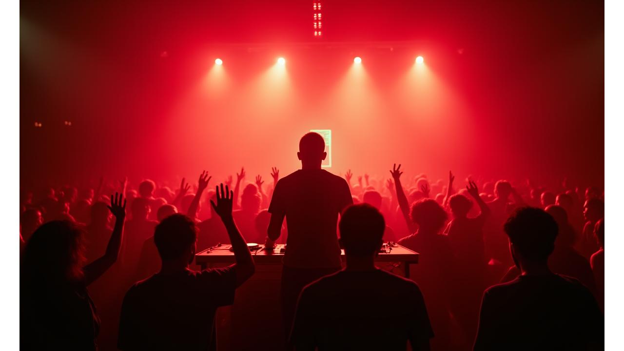 Dynamic shot of a DJ performing in a dark, atmospheric underground club with neon lights, capturing the intense energy of electronic music.