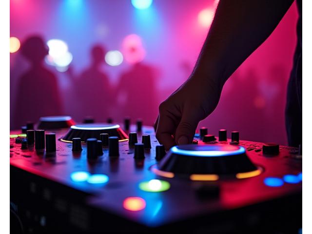 A low-light, high-energy photograph of a DJ's hands on a mixer, with vibrant neon lights illuminating the scene and blurred enthusiastic crowd in the background.