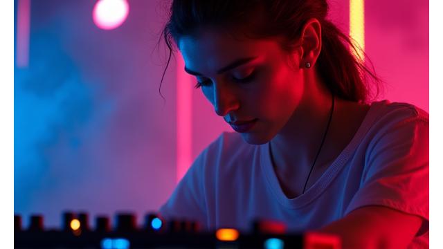 A close-up, dynamic portrait of an emerging DJ mid-set, bathed in a glowing green secondary light from the mixing board, eyes focused, with abstract light patterns in the background.