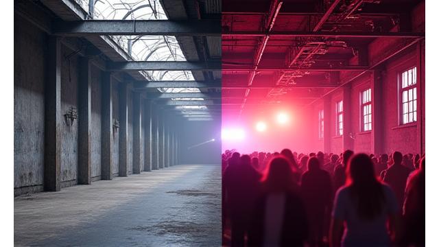A 'before and after' split image showing a raw, empty industrial space on one side and the same space transformed into a vibrant club venue with lighting rigs, sound systems, and art installations on the other. Seamless transition.