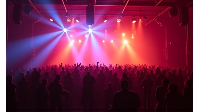 A wide shot of a massive warehouse rave, packed with dancers, illuminated by complex laser light arrays and smoke. Shows the scale and energy of a techno marathon.