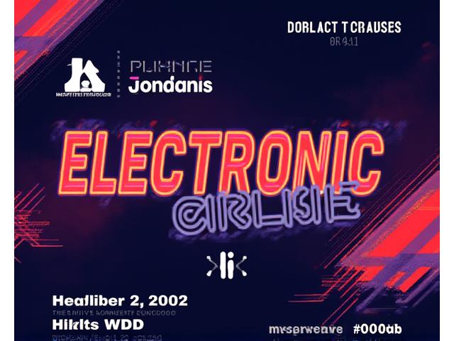 A vibrant social media post mockup for an electronic music event, featuring stylized typography, event details, and a dynamic image of a crowd dancing under professional lighting. The post uses brand colors with bold graphics.