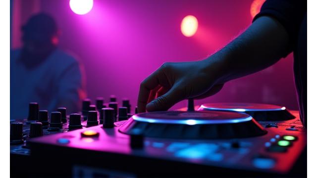 Crisp, professionally color-corrected video of a DJ's hands on a mixer, with vibrant but dark club lighting in the background, focusing on the detail and intensity.