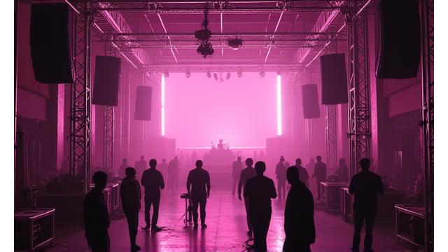 Long-form documentary footage showing the intricate setup process of a large-scale underground event, with crew members working on sound and lighting equipment in an expansive warehouse space.