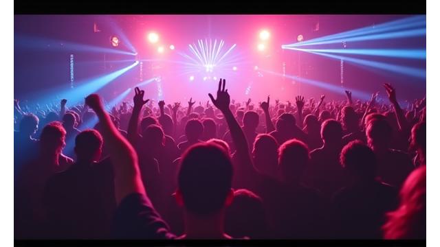 Dynamic video highlight reel compilation showing quick cuts of a diverse crowd dancing, a DJ performing, and intricate light shows at an underground event.