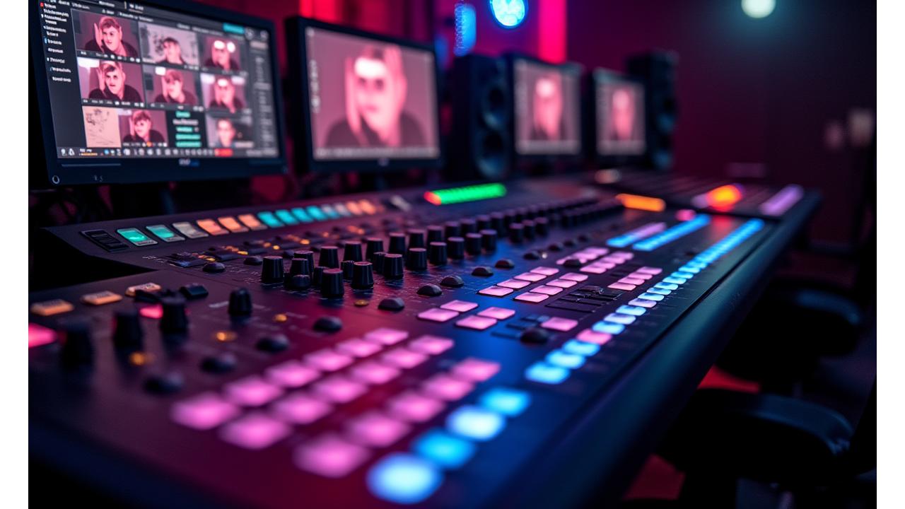 Close-up of professional video production equipment, including a multi-channel video switcher, monitors displaying varied camera angles, and an audio mixing console with illuminated controls.