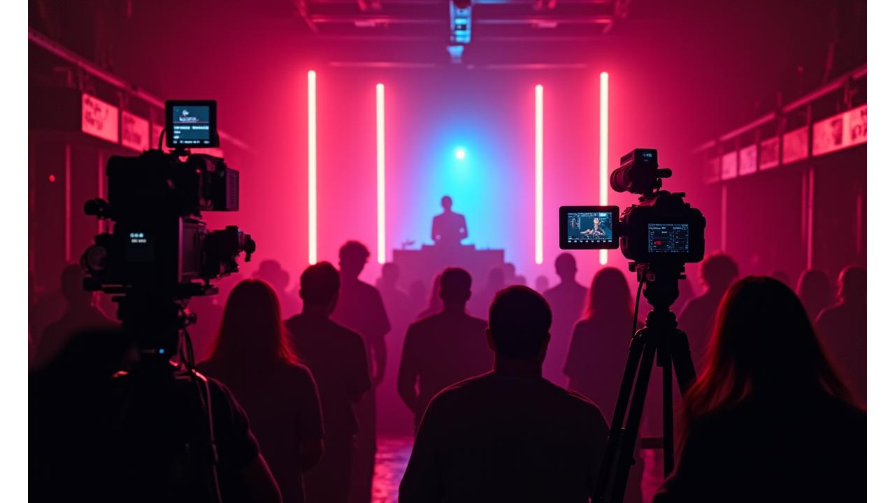 Multi-camera live stream setup in a dark, atmospheric warehouse during an underground rave, capturing a DJ's performance and crowd energy with neon lights.