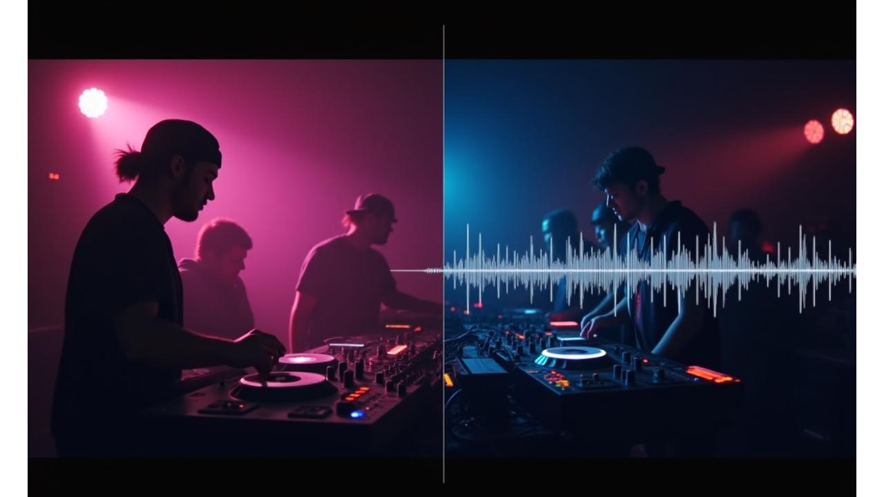 Side-by-side comparison illustrating a 'low quality' video stream with pixelation and audio crackle versus a 'high quality' stream with sharp 4K visuals and clear sound waves, representing professional audio-visual standards.