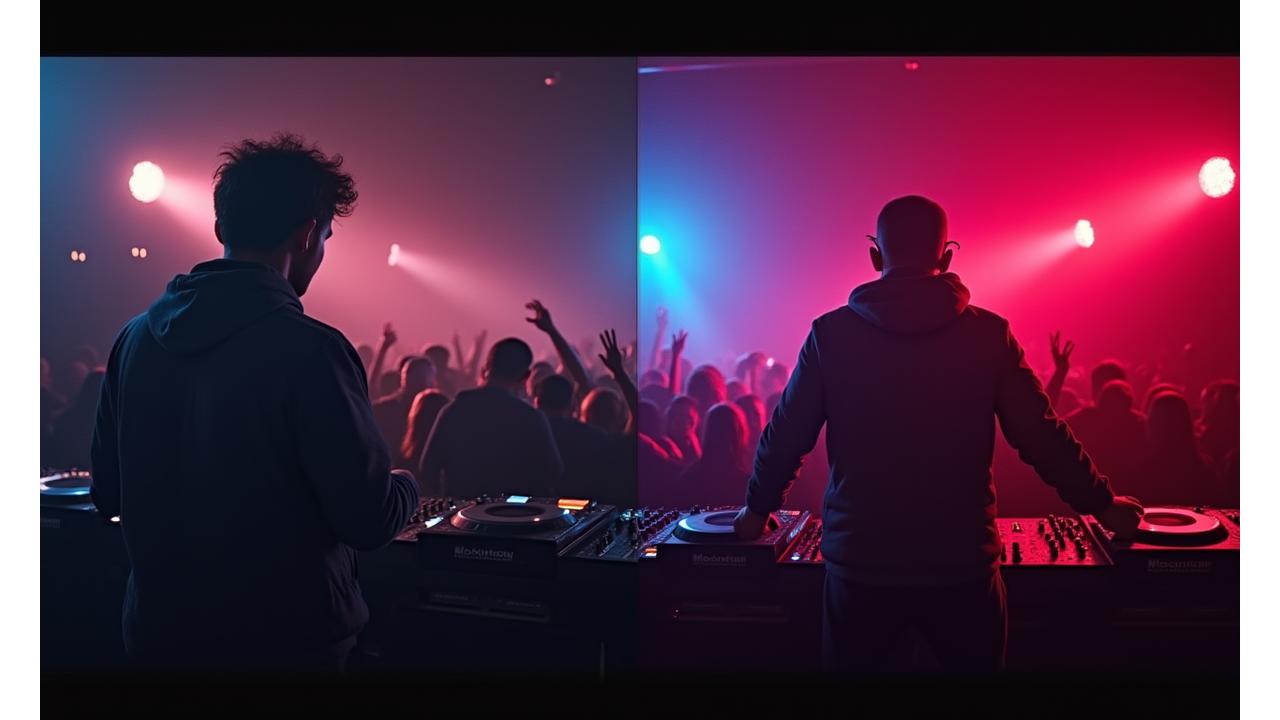 A split image showing a 'before' with poor lighting and grainy video in a dark club, and an 'after' with optimized lighting, clear focus on a DJ, and vibrant but natural colors, demonstrating low-light performance optimization.