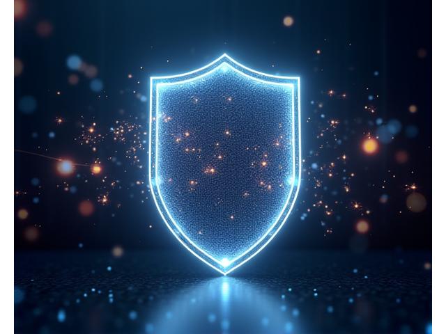 Abstract glowing futuristic shield protecting data representation.