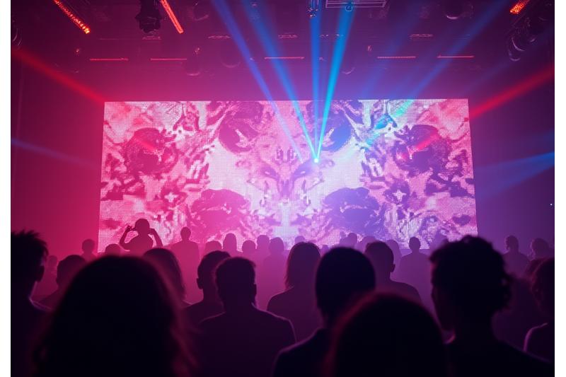 Dynamic LED wall and laser show illuminating a dark industrial space