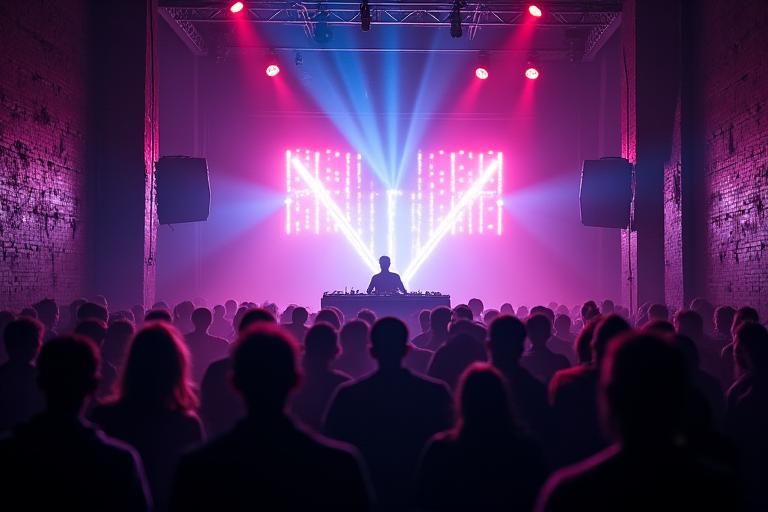 DJ booth with high-end sound speakers and dynamic laser lighting in an underground warehouse party