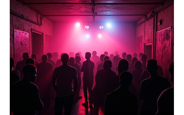 Small intimate underground pop-up rave with portable lighting and sound