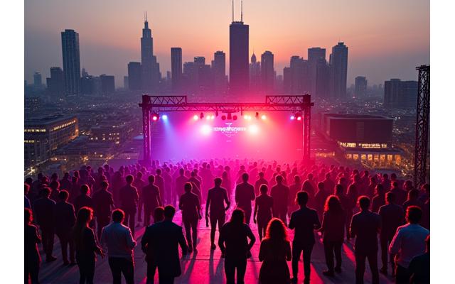 Rooftop electronic festival with downtown Chicago skyline in background at sunset