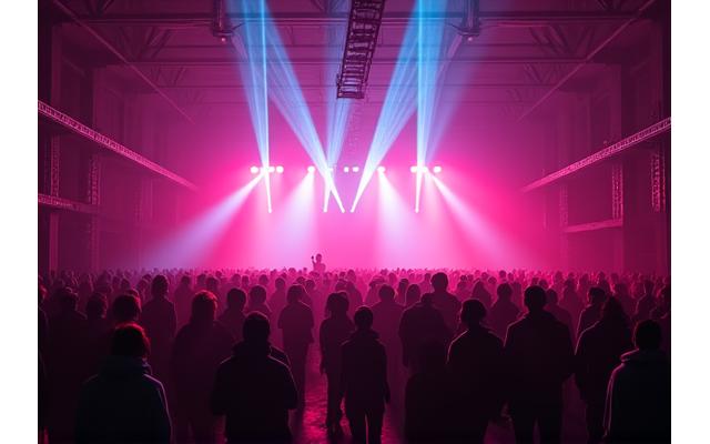 Energetic crowd at a 24-hour techno marathon event with intense light show