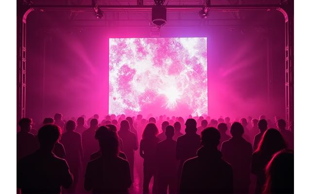 Crowd dancing under vibrant LED installation in a transformed West Loop warehouse