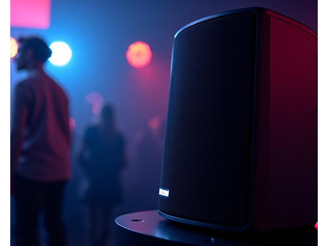 Funktion-One Resolution series speakers with vibrant light show background