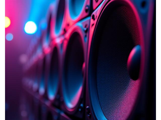 Close-up of powerful subwoofers vibrating with bass frequencies