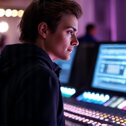 Portrait of a focused audio engineer in a studio setting